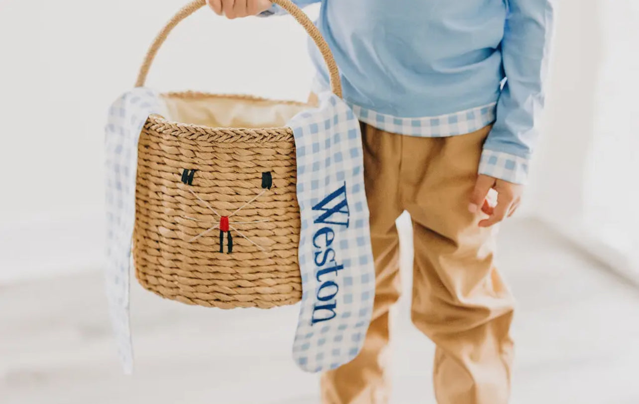 Gingham Kids Easter Basket with Bunny Ears by Sugar Bee