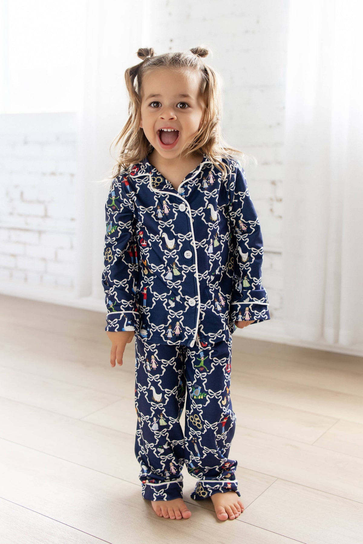Girls Button Down Pajamas - 12 Days of Christmas Bows