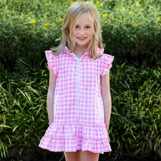 Girls Ruffled Swim Cover up - Pink Gingham