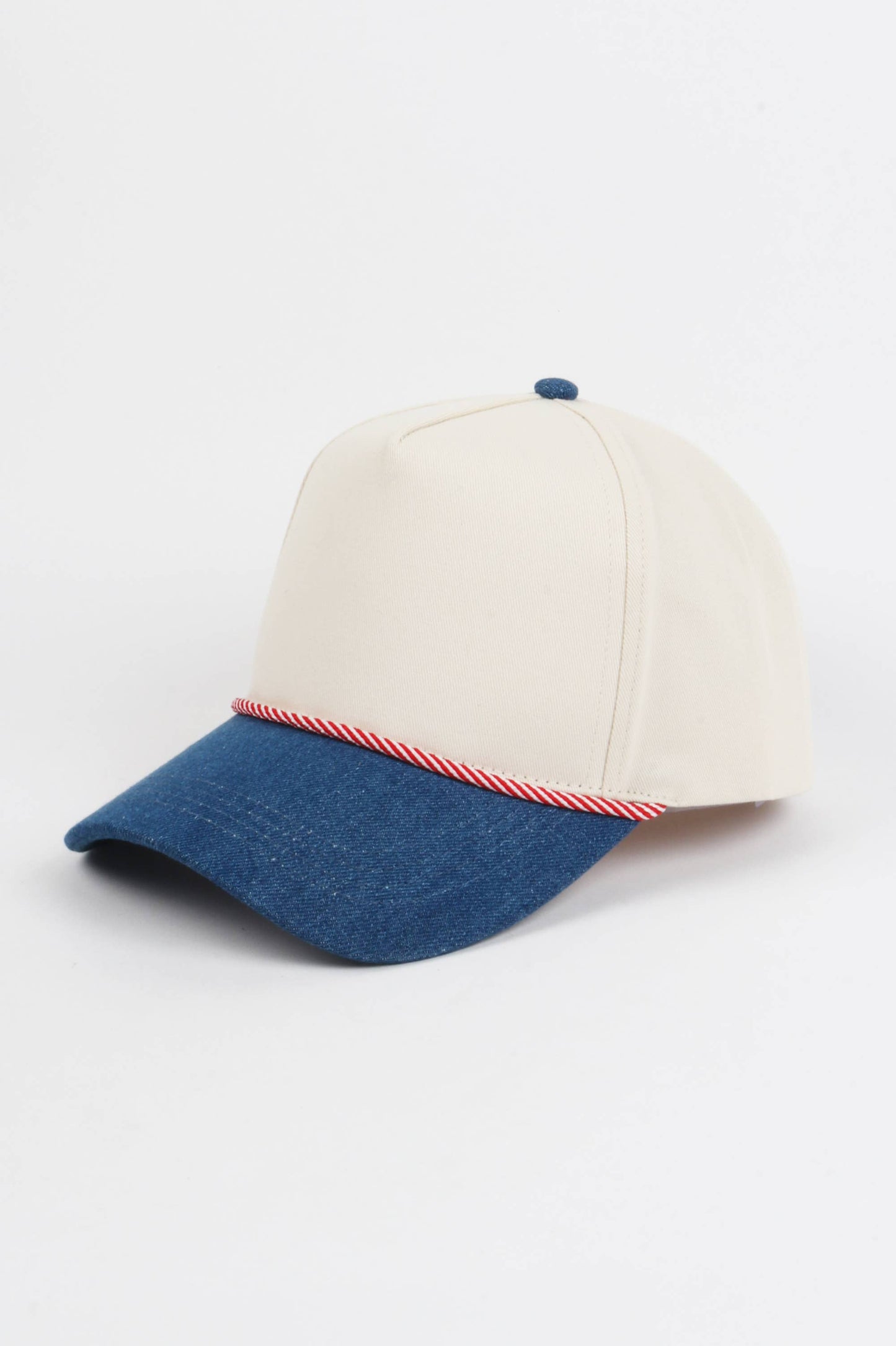 Two-Tone Denim 5 Panel Cap with Red & White Cord Detail