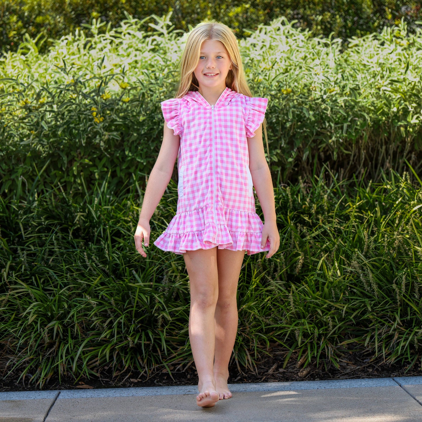 Girls Ruffled Swim Cover up - Pink Gingham