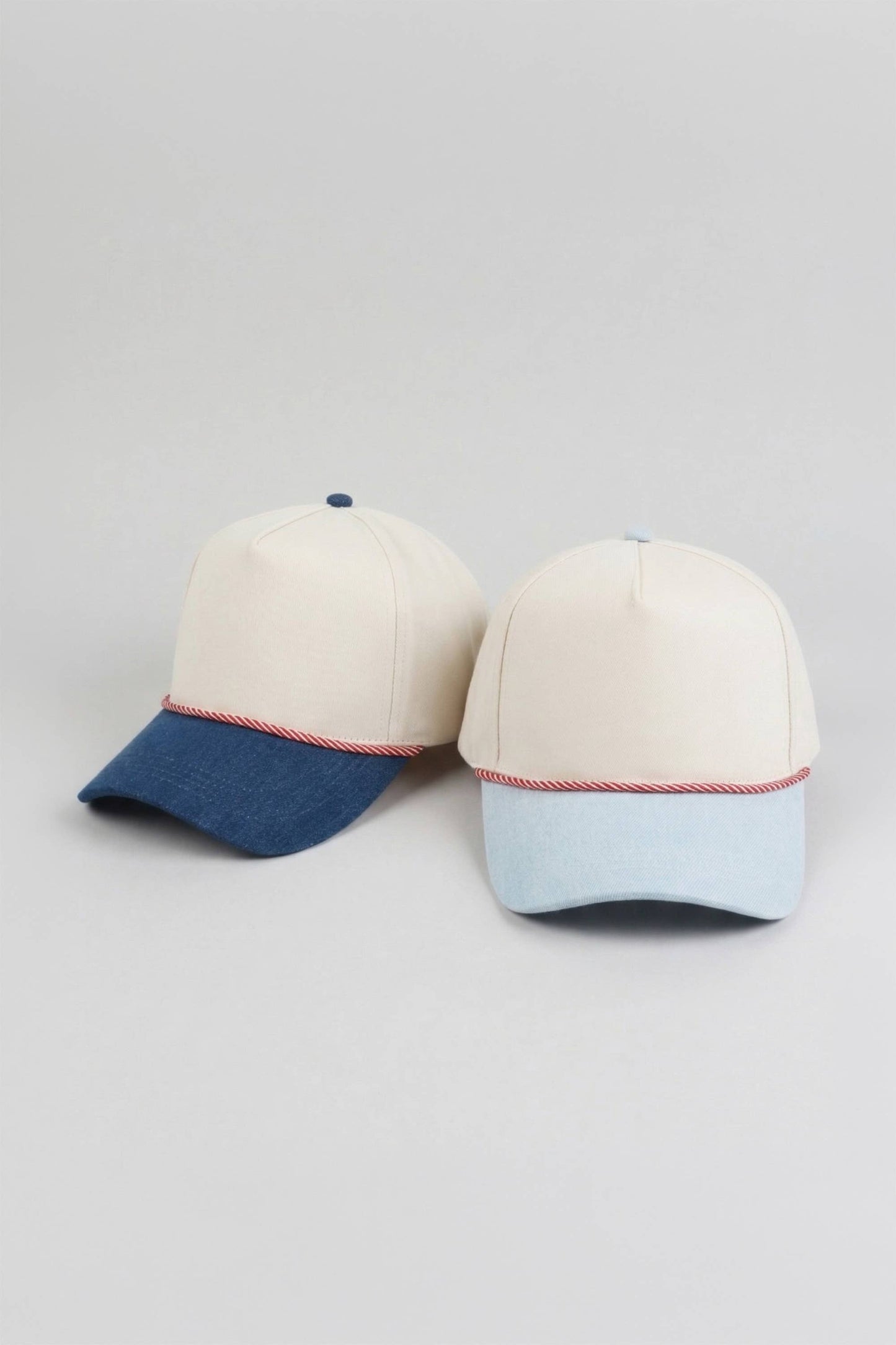 Two-Tone Denim 5 Panel Cap with Red & White Cord Detail