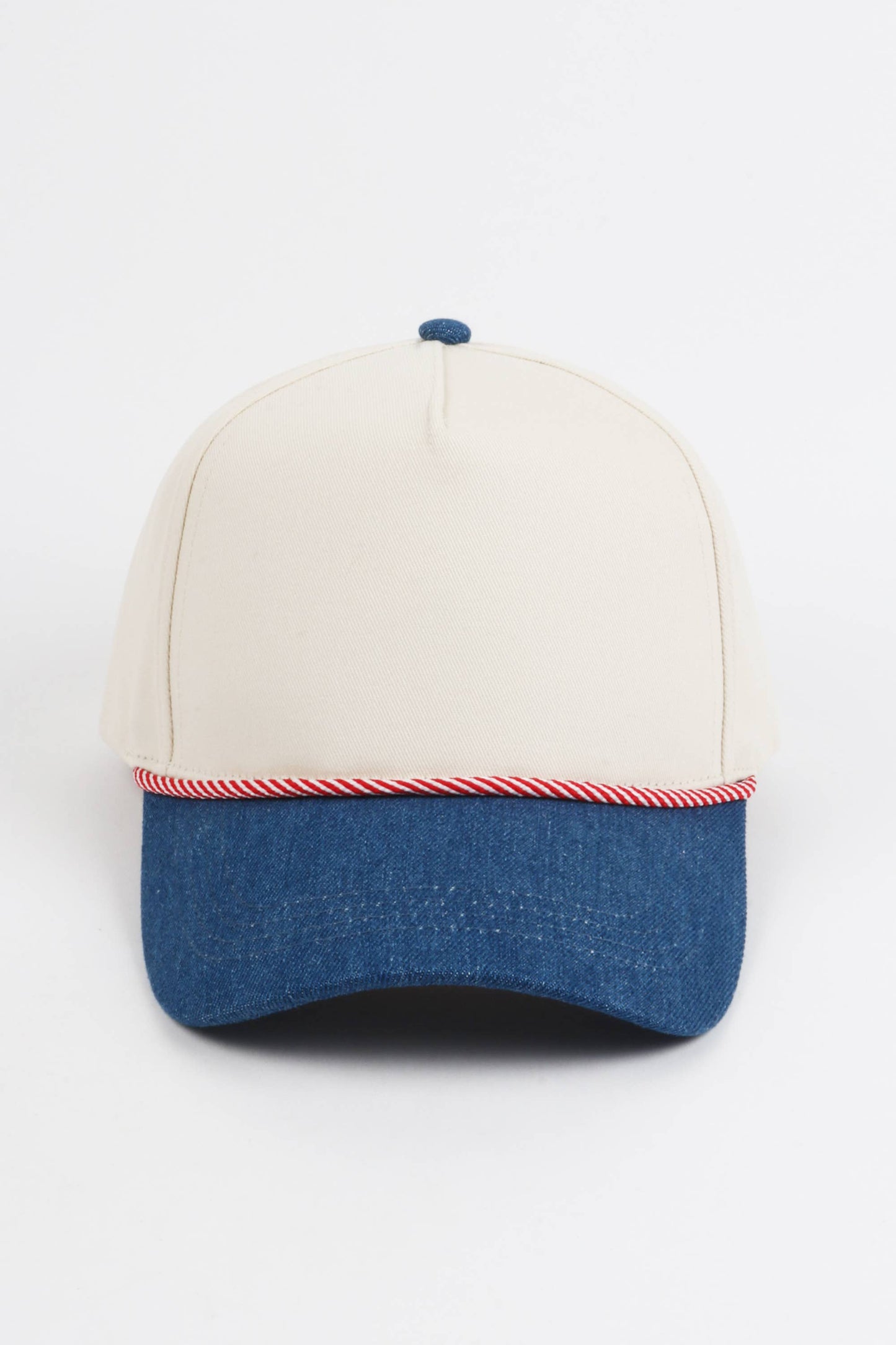 Two-Tone Denim 5 Panel Cap with Red & White Cord Detail