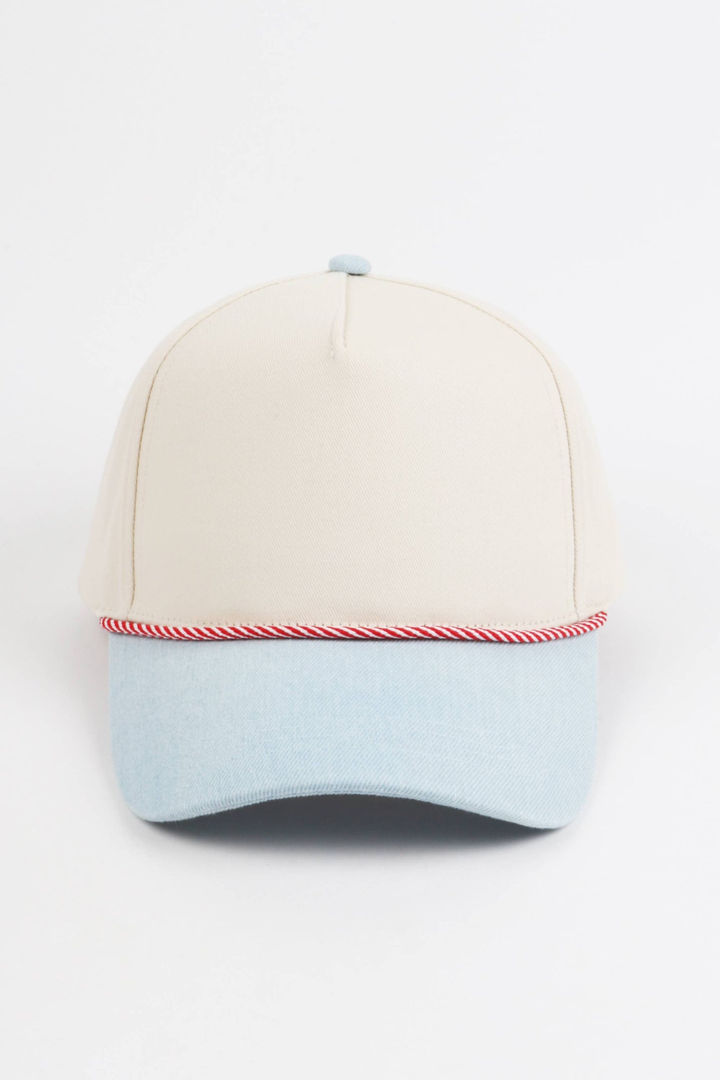 Two-Tone Denim 5 Panel Cap with Red & White Cord Detail