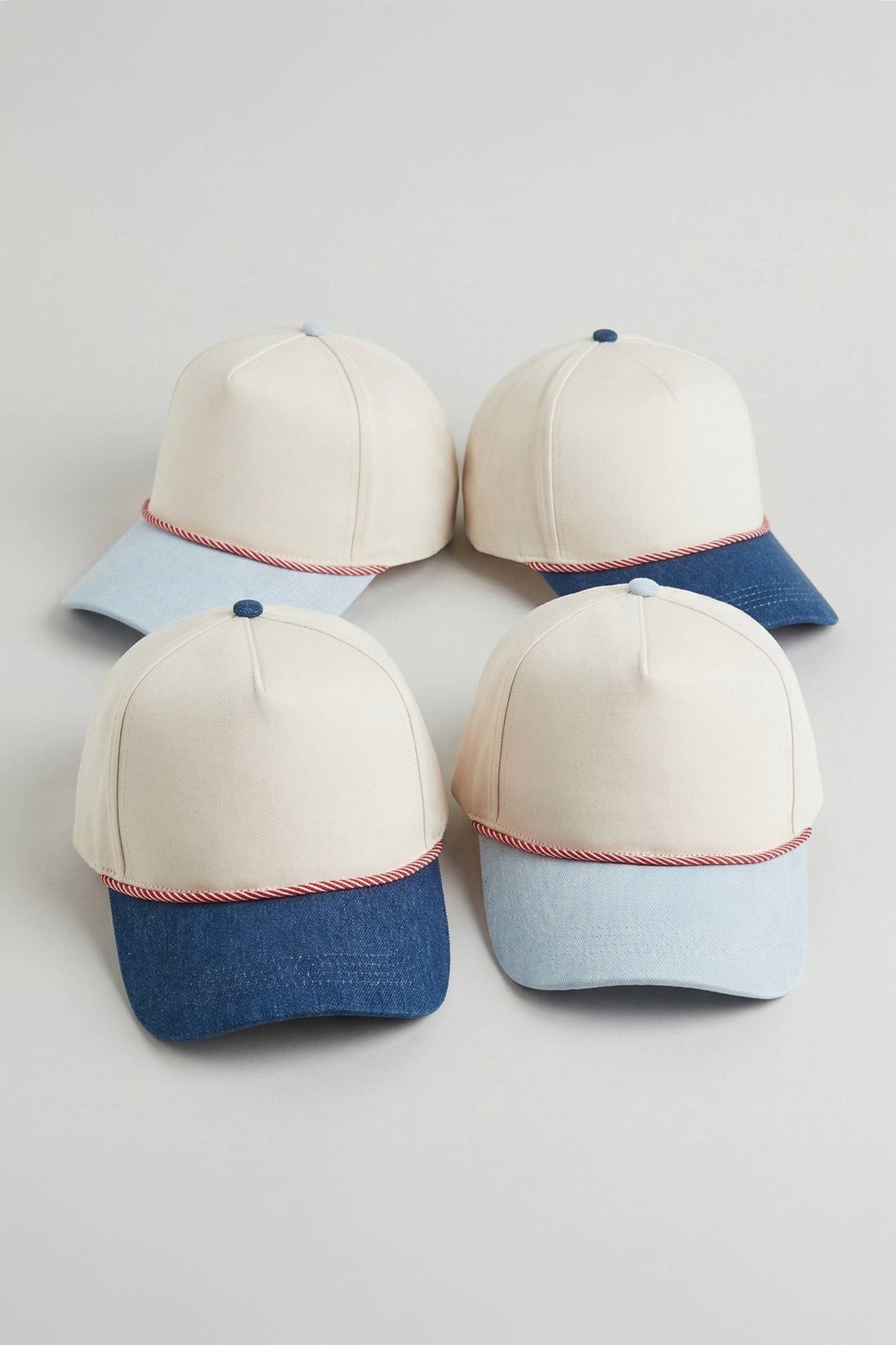 Two-Tone Denim 5 Panel Cap with Red & White Cord Detail